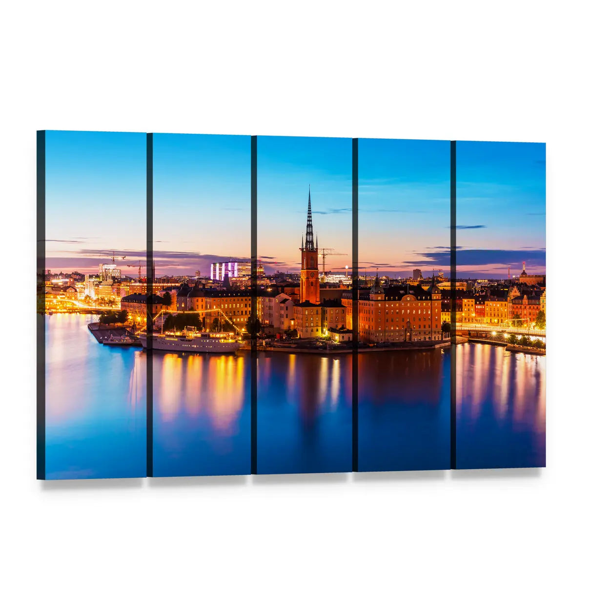 Gamla Stan Waterfront at Dusk Canvas Wall Art, 5 panel 5 Horizontal layout gallery wrapped canvas set, angled product view