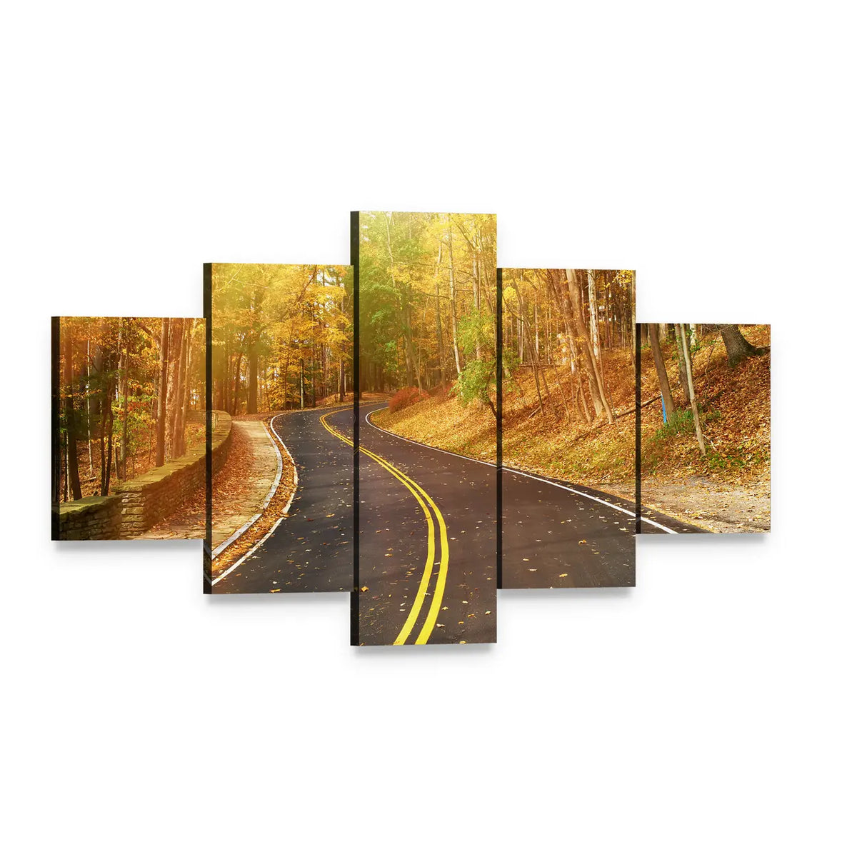 Autumn Road Through Sunlit Trees Canvas Wall Art, 5 panel 5 Star layout gallery wrapped canvas set, angled product view