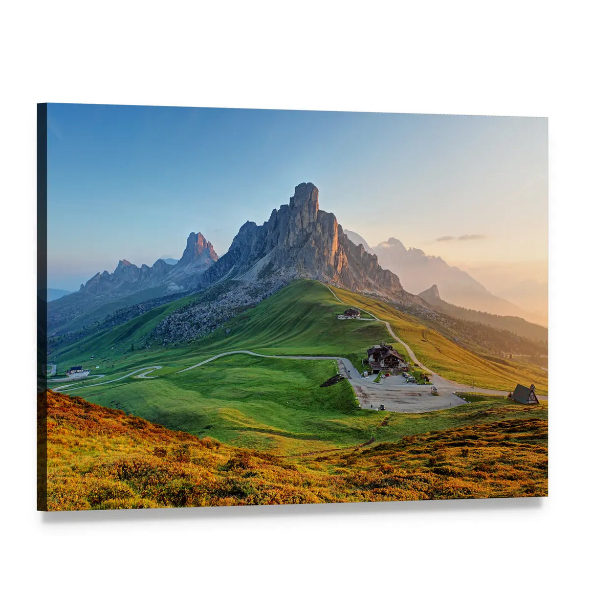 Dolomites Mountain Pass at Sunrise Canvas Wall Art, single panel gallery wrapped canvas, angled product view