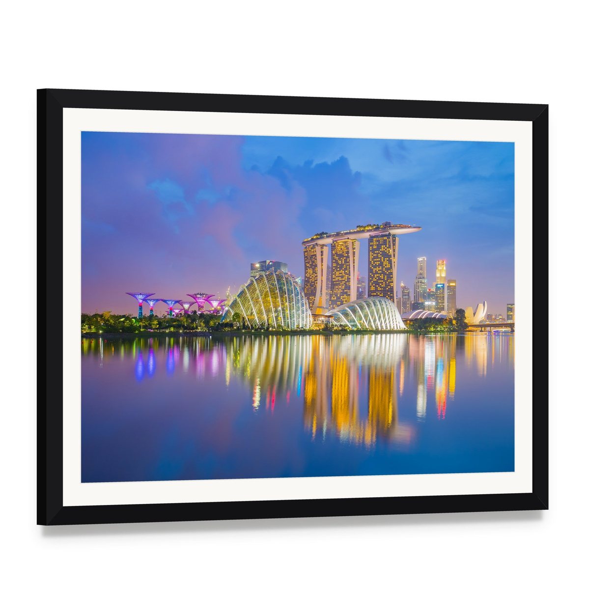 Singapore Skyline at Twilight Canvas Wall Art, framed print with white mat and black frame, angled product view
