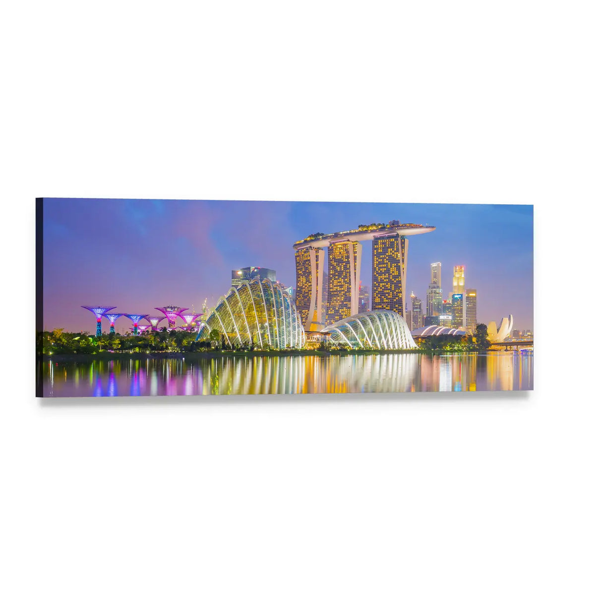 Singapore Twilight Skyline Panoramic Canvas Wall Art, single panel gallery wrapped canvas, angled product view