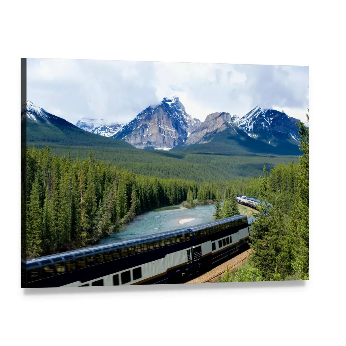 Train in the Canadian Rockies Canvas Wall Art, single panel gallery wrapped canvas, angled product view