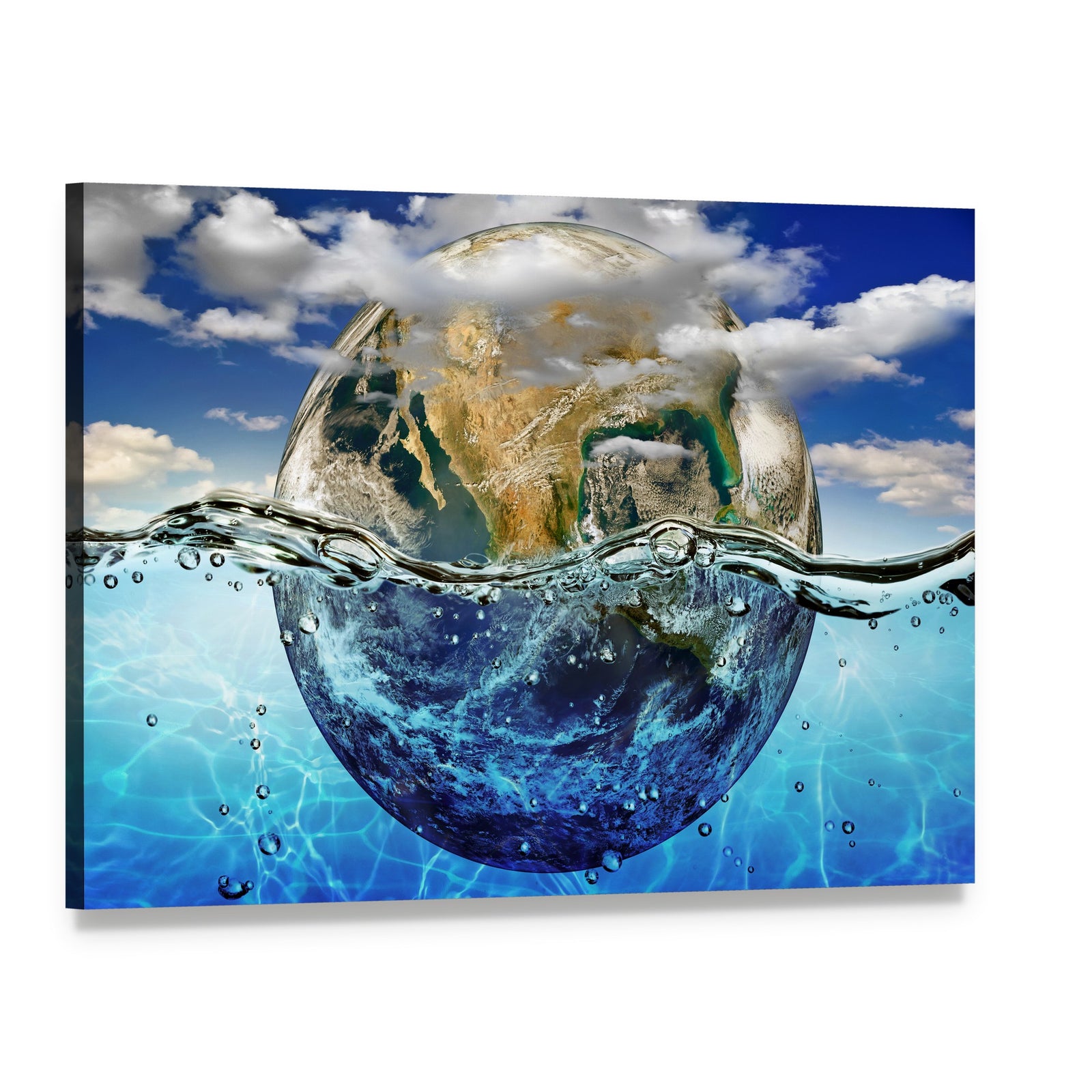 Earth Surrounded by Water Canvas Wall Art, single panel gallery wrapped canvas, angled product view
