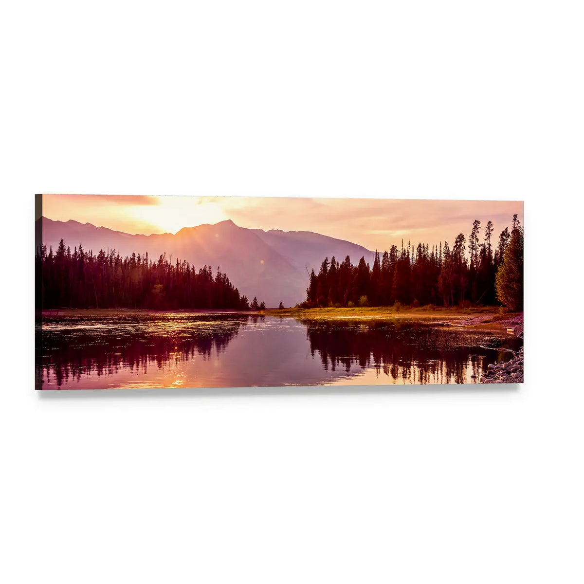 Grand Teton Sunrise Over Jackson Lake Panoramic Canvas Wall Art, single panel gallery wrapped canvas, angled product view