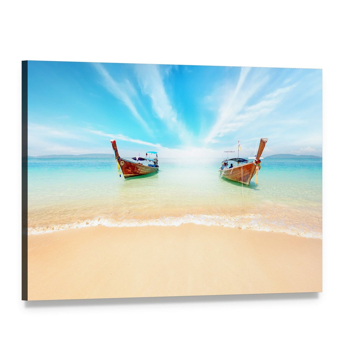 Sandy Beach with Two Longtail Boats Canvas Wall Art, single panel gallery wrapped canvas, angled product view