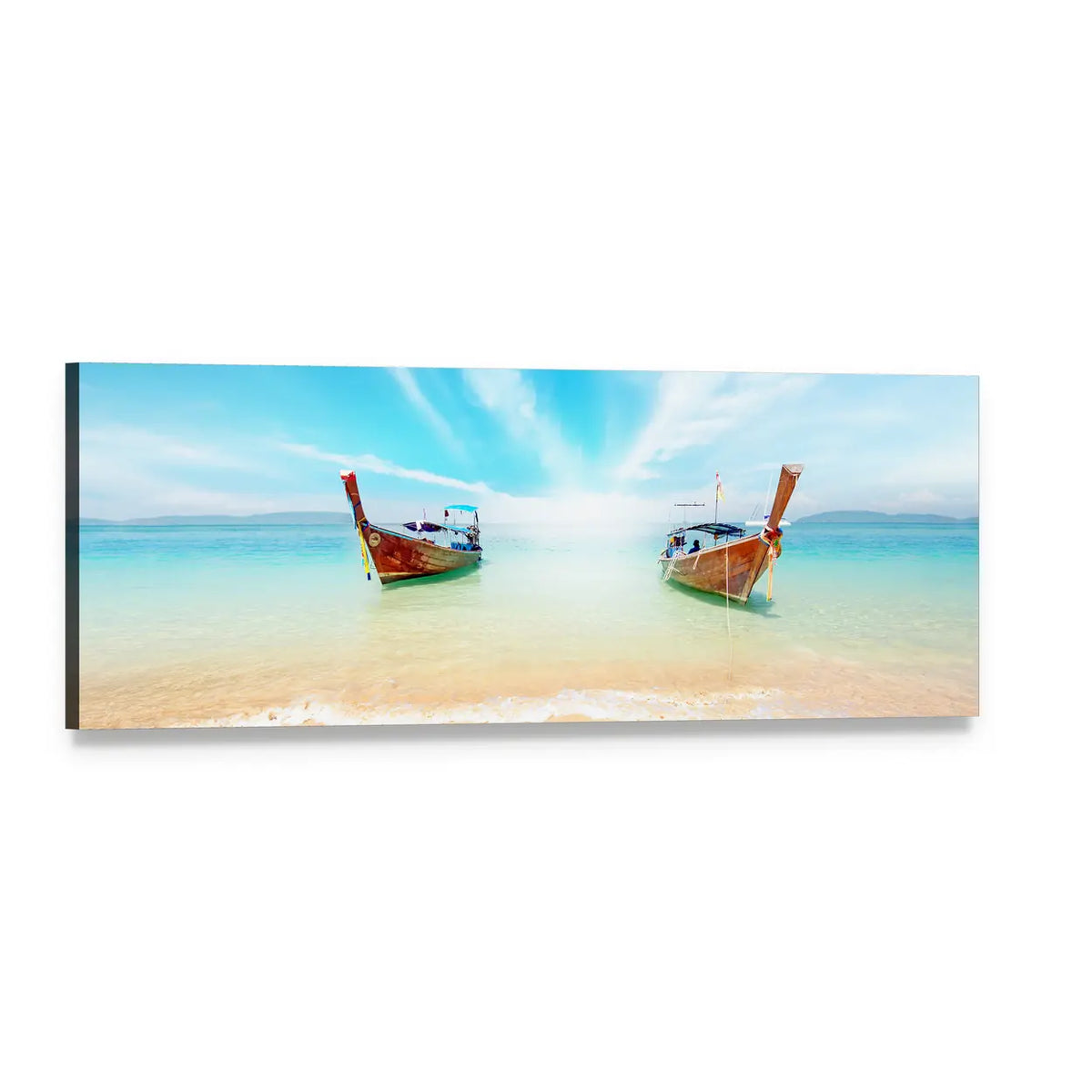 Phuket Longtail Boats on Turquoise Shore Panoramic Canvas Wall Art, single panel gallery wrapped canvas, angled product view