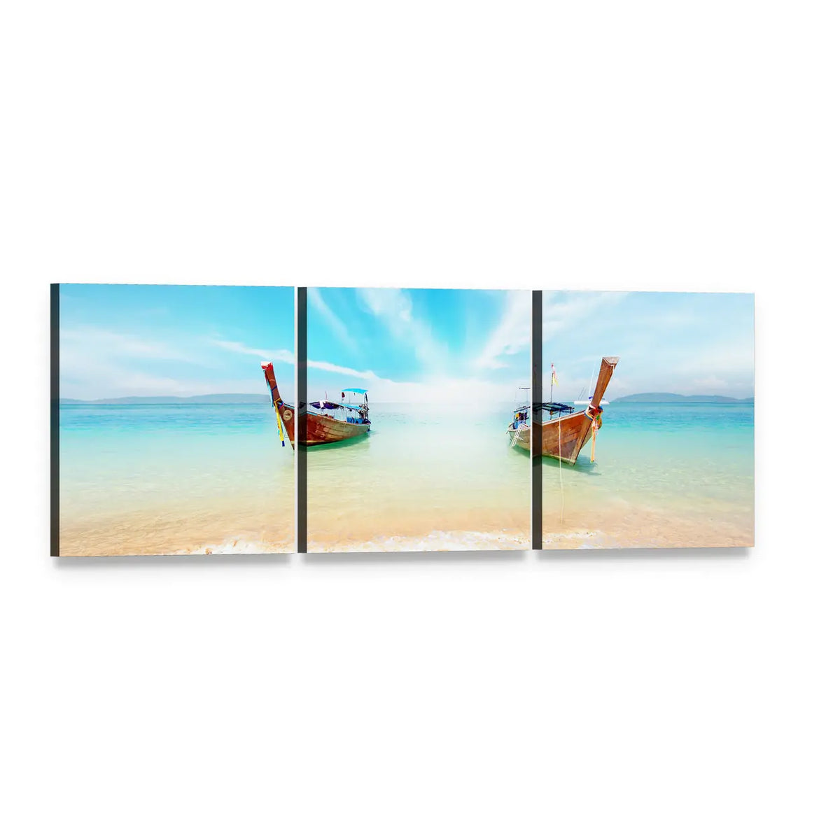 Phuket Longtail Boats on Turquoise Shore Panoramic Canvas Wall Art, 3 panel 3 Piece layout gallery wrapped canvas set, angled product view