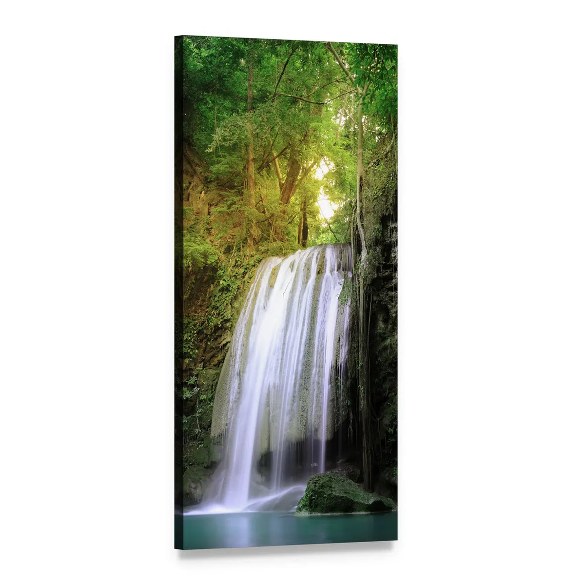 Tranquil Waterfall in Lush Forest Vertical Canvas Wall Art, 1 panel 1 Vertical layout gallery wrapped canvas set, angled product view