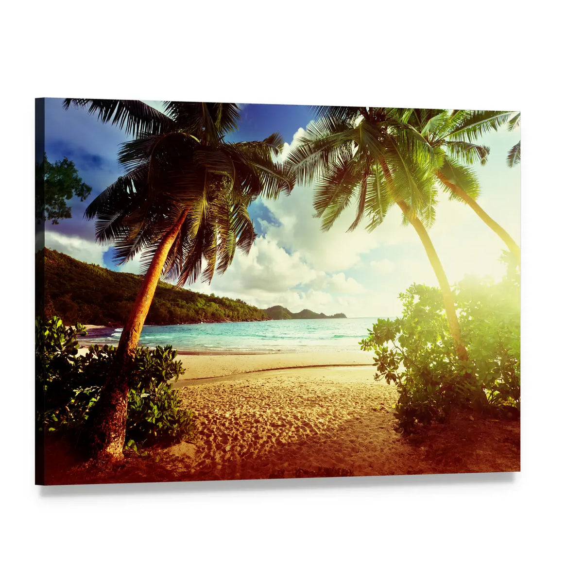 Sunny Day on Green Beach Canvas Wall Art, single panel gallery wrapped canvas, angled product view