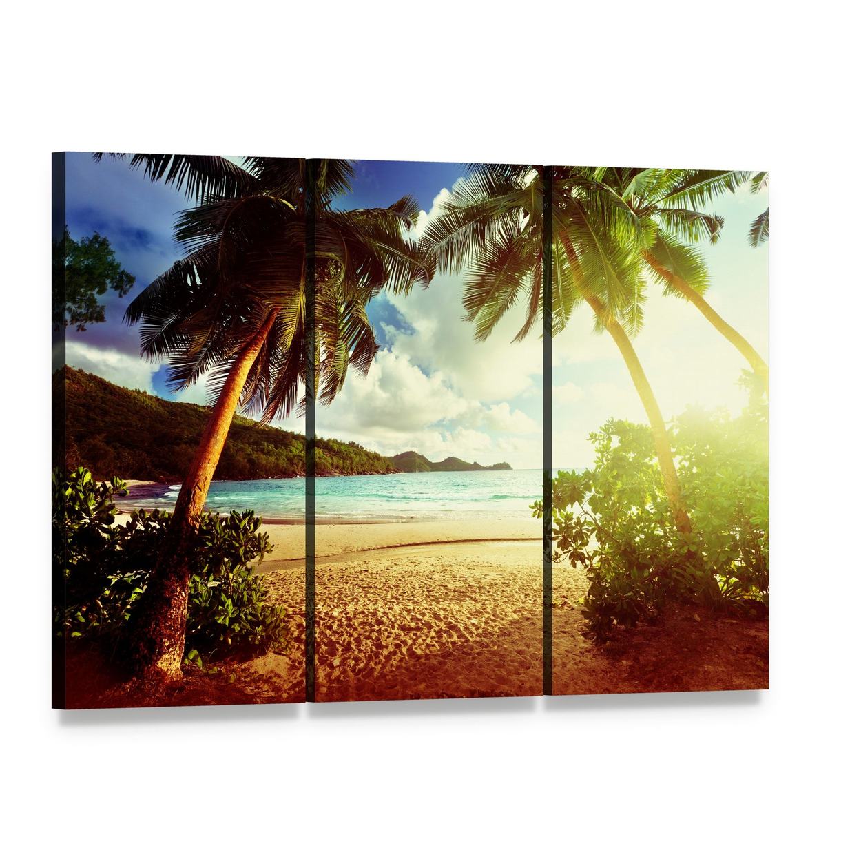 Sunny Day on Green Beach Canvas Wall Art, 3 panel 3 Horizontal layout gallery wrapped canvas set, angled product view
