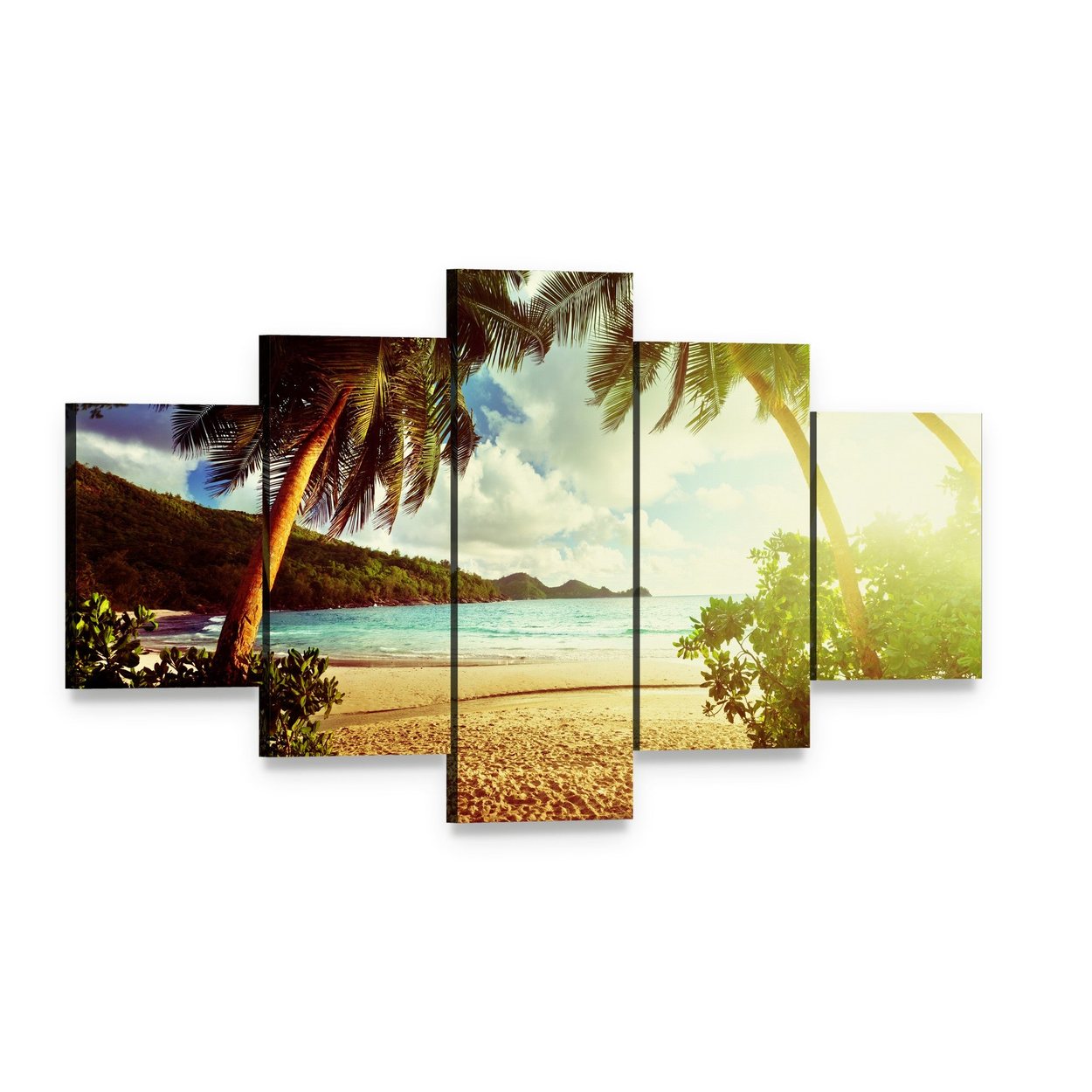 Sunny Day on Green Beach Canvas Wall Art, 5 panel 5 Star layout gallery wrapped canvas set, angled product view