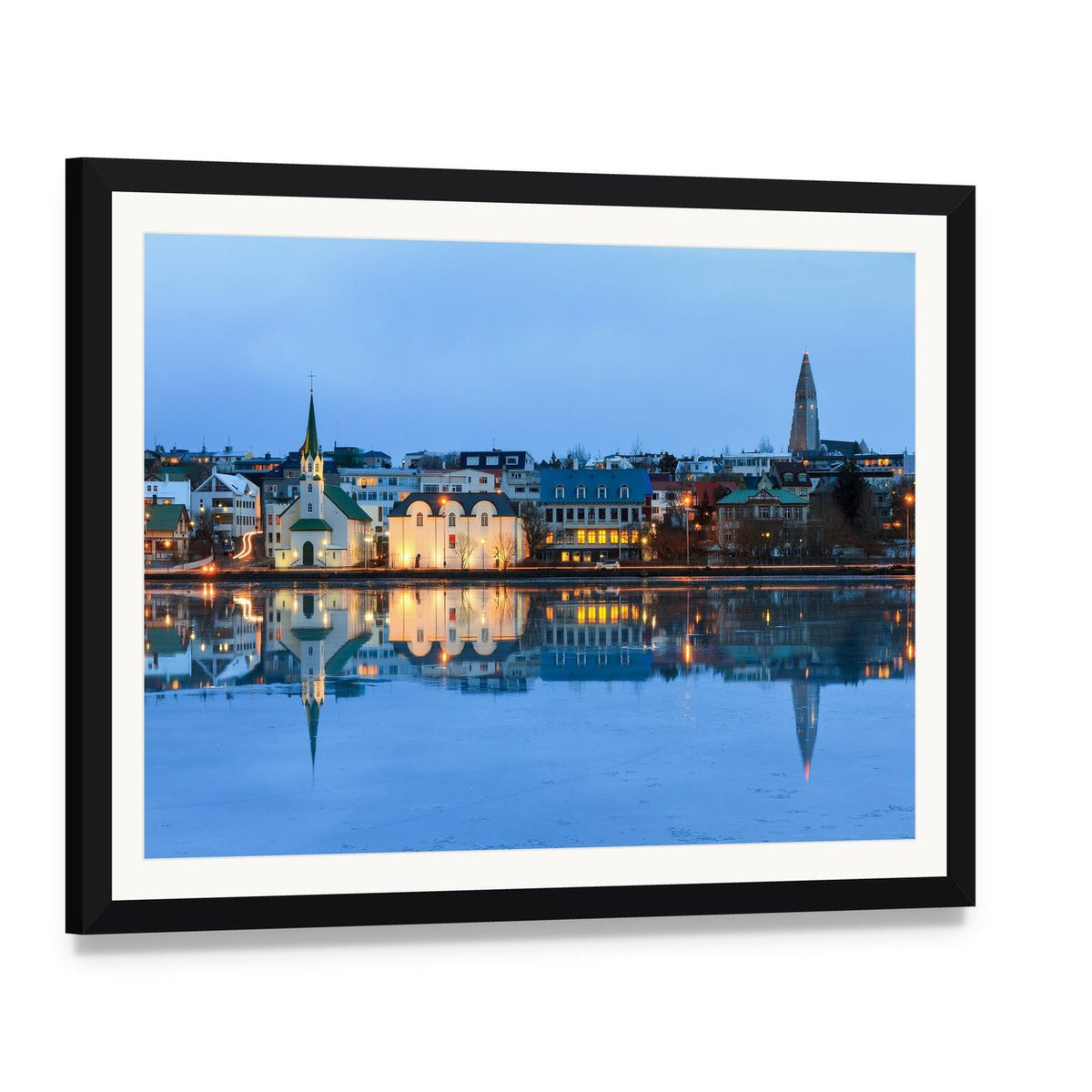Reykjavik Reflection at Dusk Canvas Wall Art, framed print with white mat and black frame, angled product view