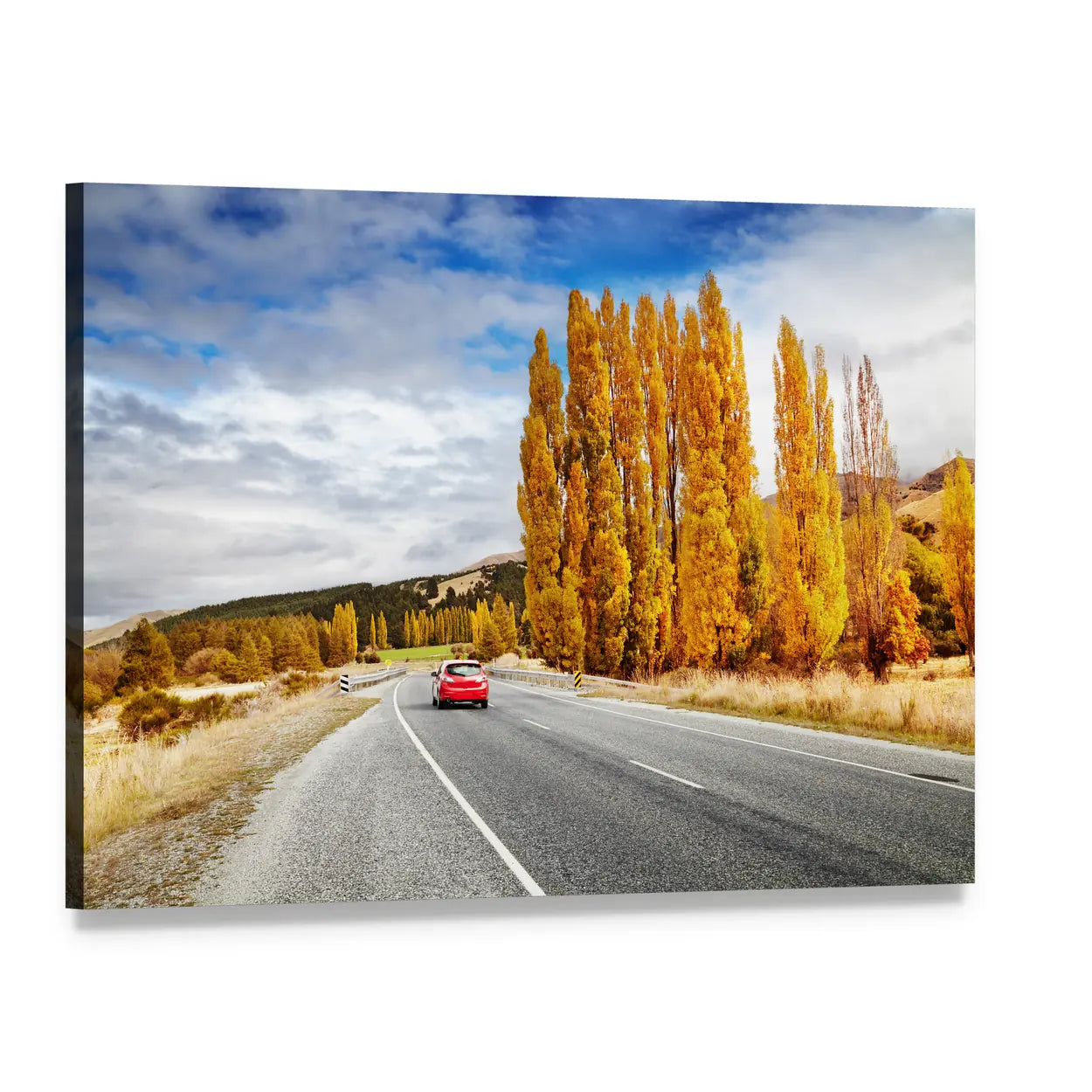 Red Car on Autumn Road Canvas Wall Art, single panel gallery wrapped canvas, angled product view