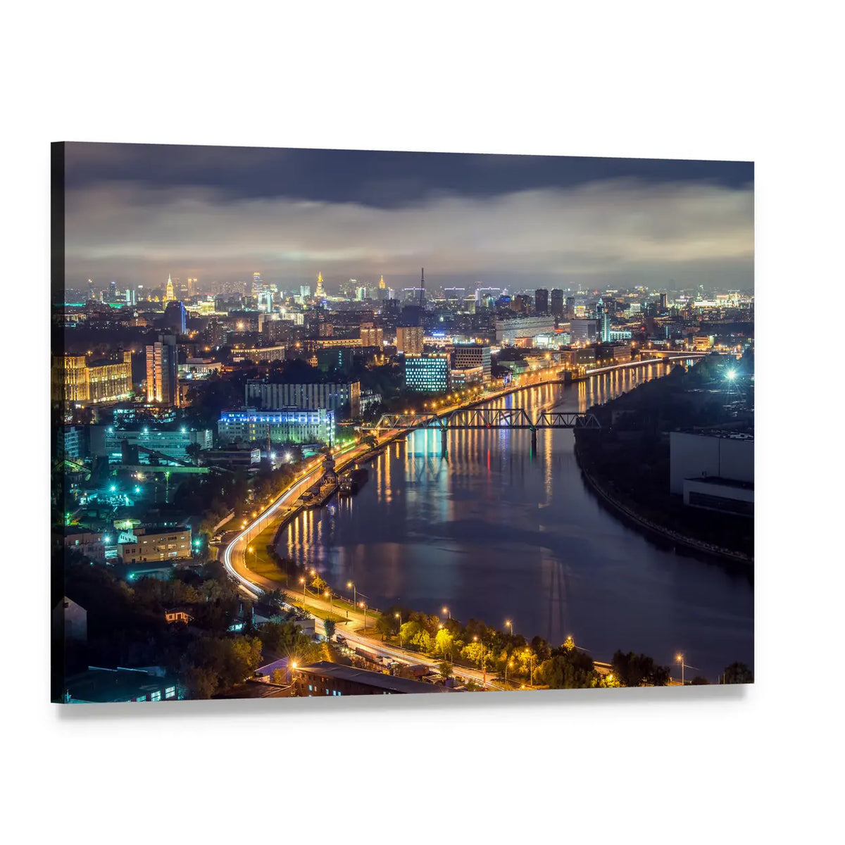 Moscow River at Night Canvas Wall Art, single panel gallery wrapped canvas, angled product view