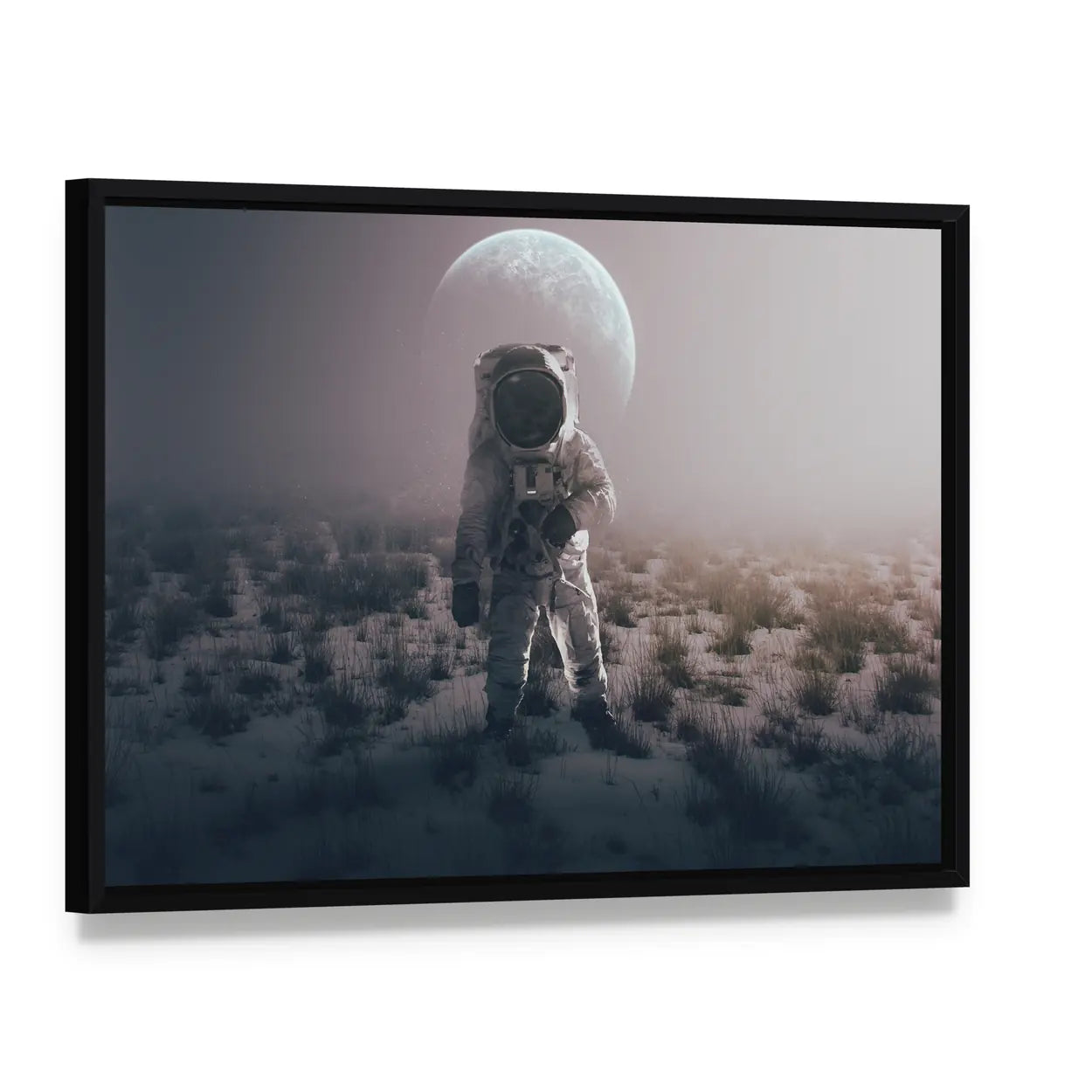 Astronaut in Alien World Canvas Wall Art, framed canvas in a black floater frame, angled product view