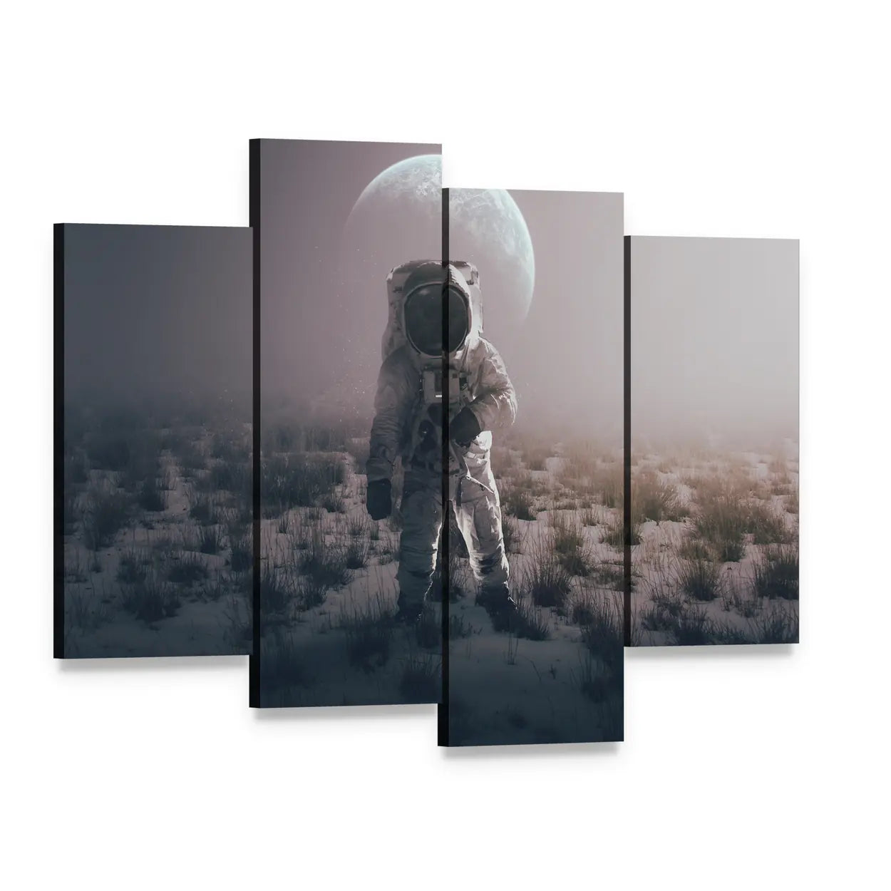 Astronaut in Alien World Canvas Wall Art, 4 panel 4 Pop layout gallery wrapped canvas set, angled product view