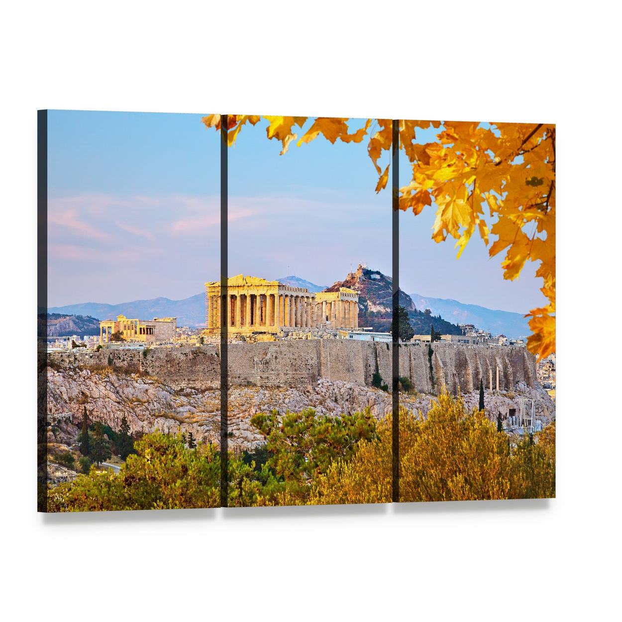 Acropolis at Sunset Canvas Wall Art, 3 panel 3 Horizontal layout gallery wrapped canvas set, angled product view