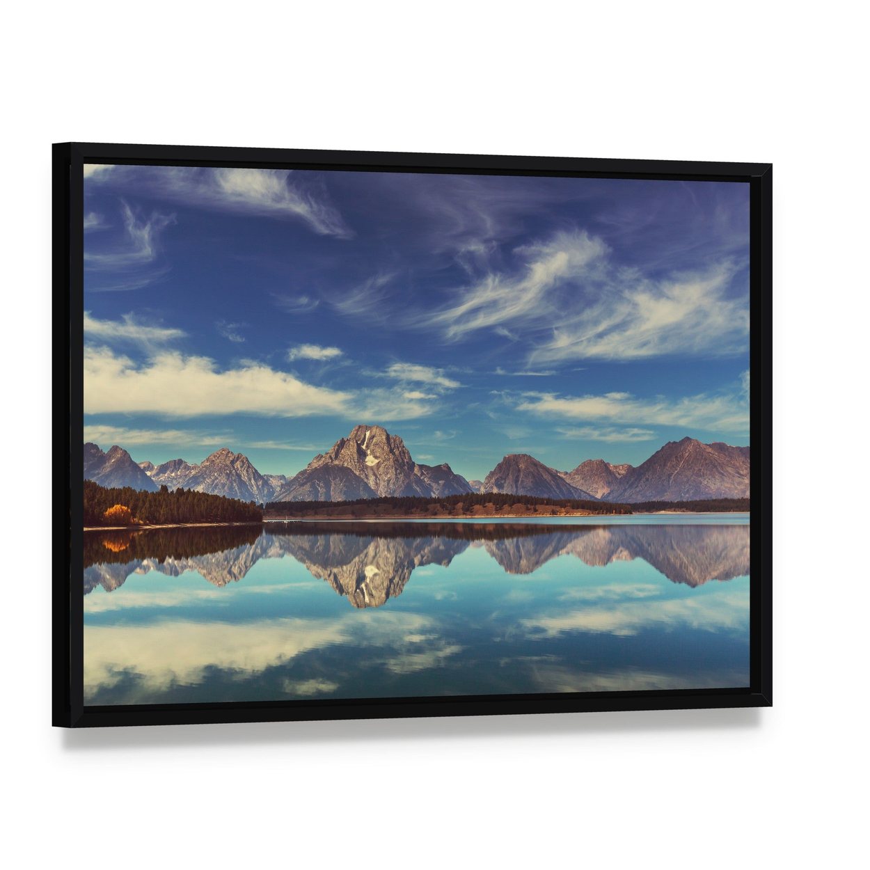 Snow-capped Mountains with Lake Reflection Canvas Wall Art, framed canvas in a black floater frame, angled product view