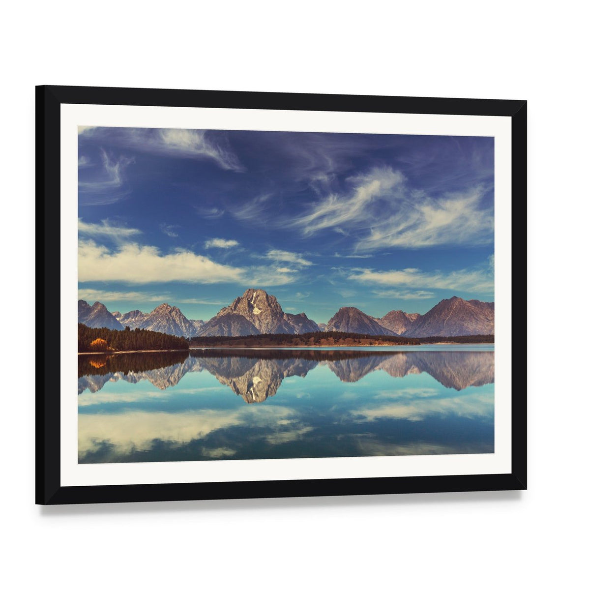 Snow-capped Mountains with Lake Reflection Canvas Wall Art, framed print with white mat and black frame, angled product view