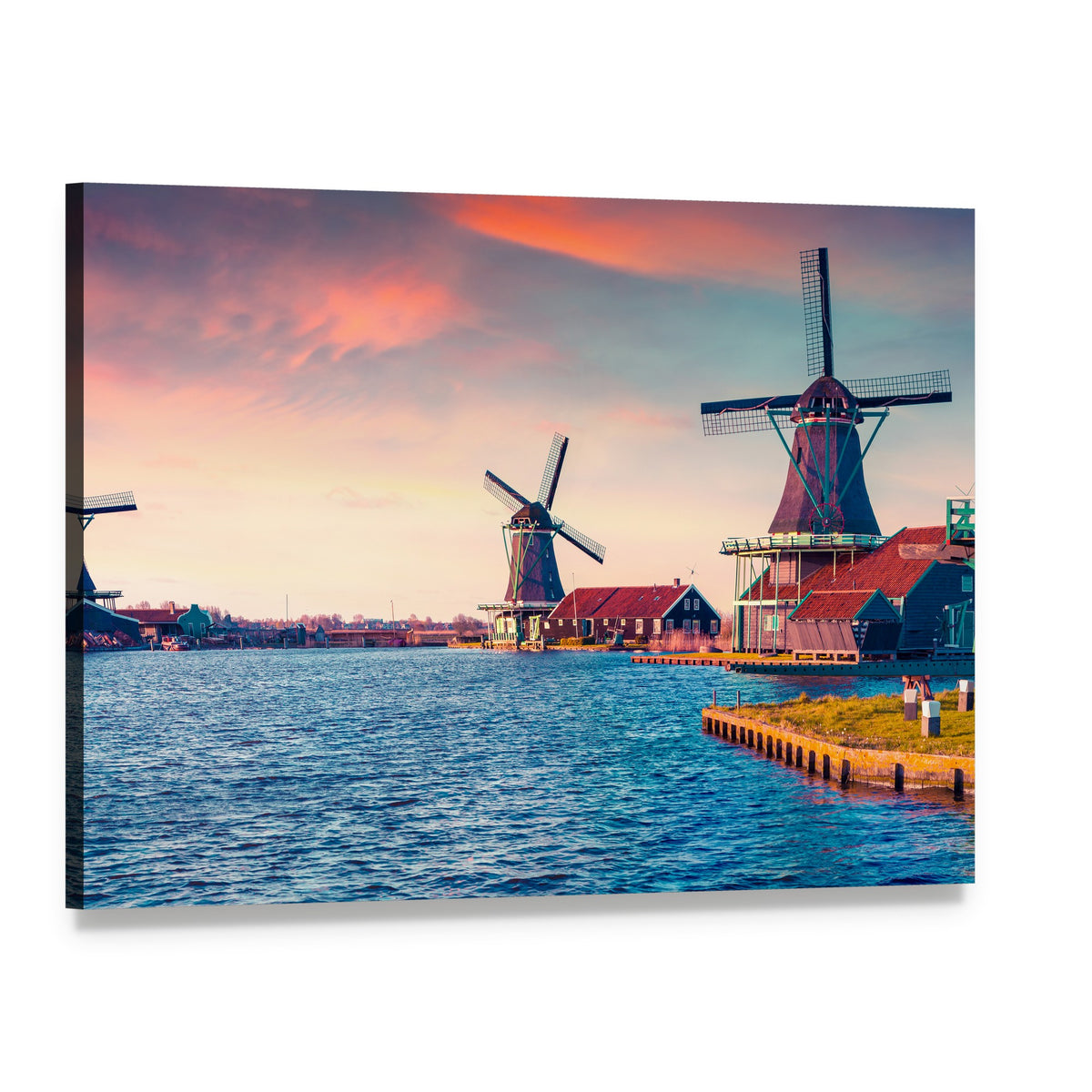 Dutch Windmills by a Peaceful Lake Canvas Wall Art, single panel gallery wrapped canvas, angled product view