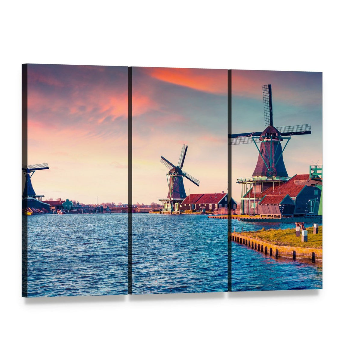 Dutch Windmills by a Peaceful Lake Canvas Wall Art, 3 panel 3 Horizontal layout gallery wrapped canvas set, angled product view
