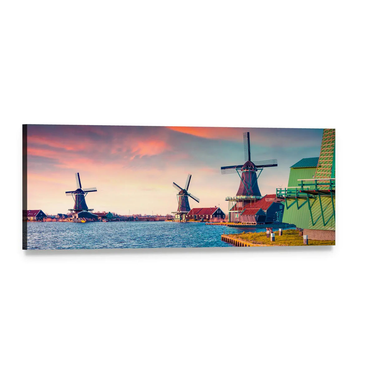 Zaandam Windmills at Sunset Panoramic Canvas Wall Art, single panel gallery wrapped canvas, angled product view