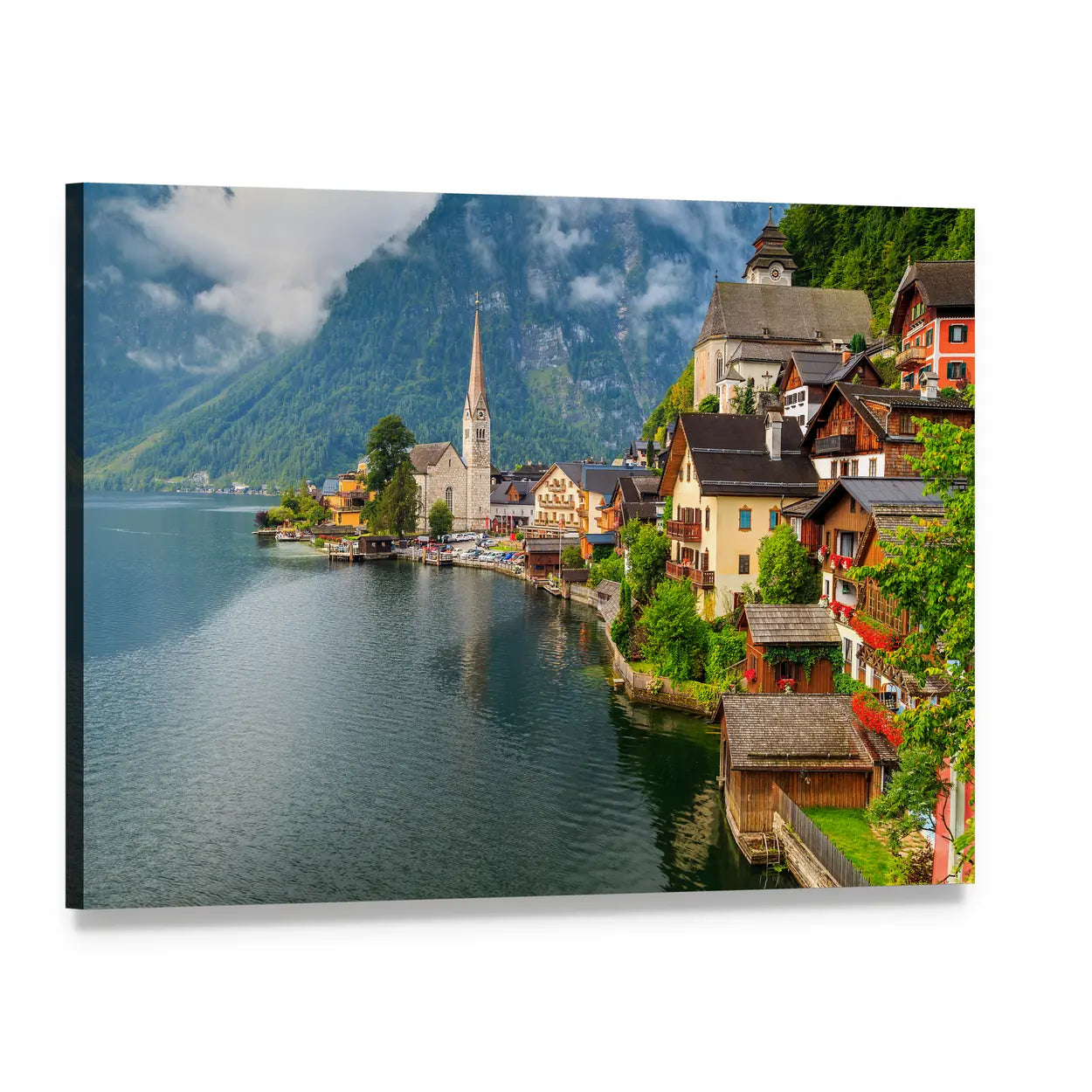 Hallstatt Village by the Lake Canvas Wall Art, single panel gallery wrapped canvas, angled product view