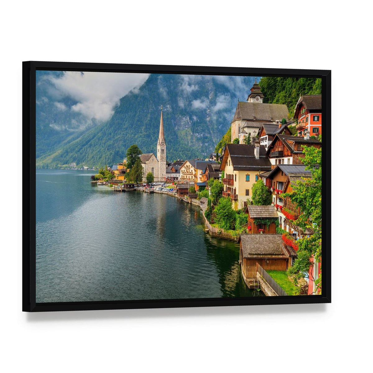 Hallstatt Village by Serene Lake Canvas Wall Art, framed canvas in a black floater frame, angled product view