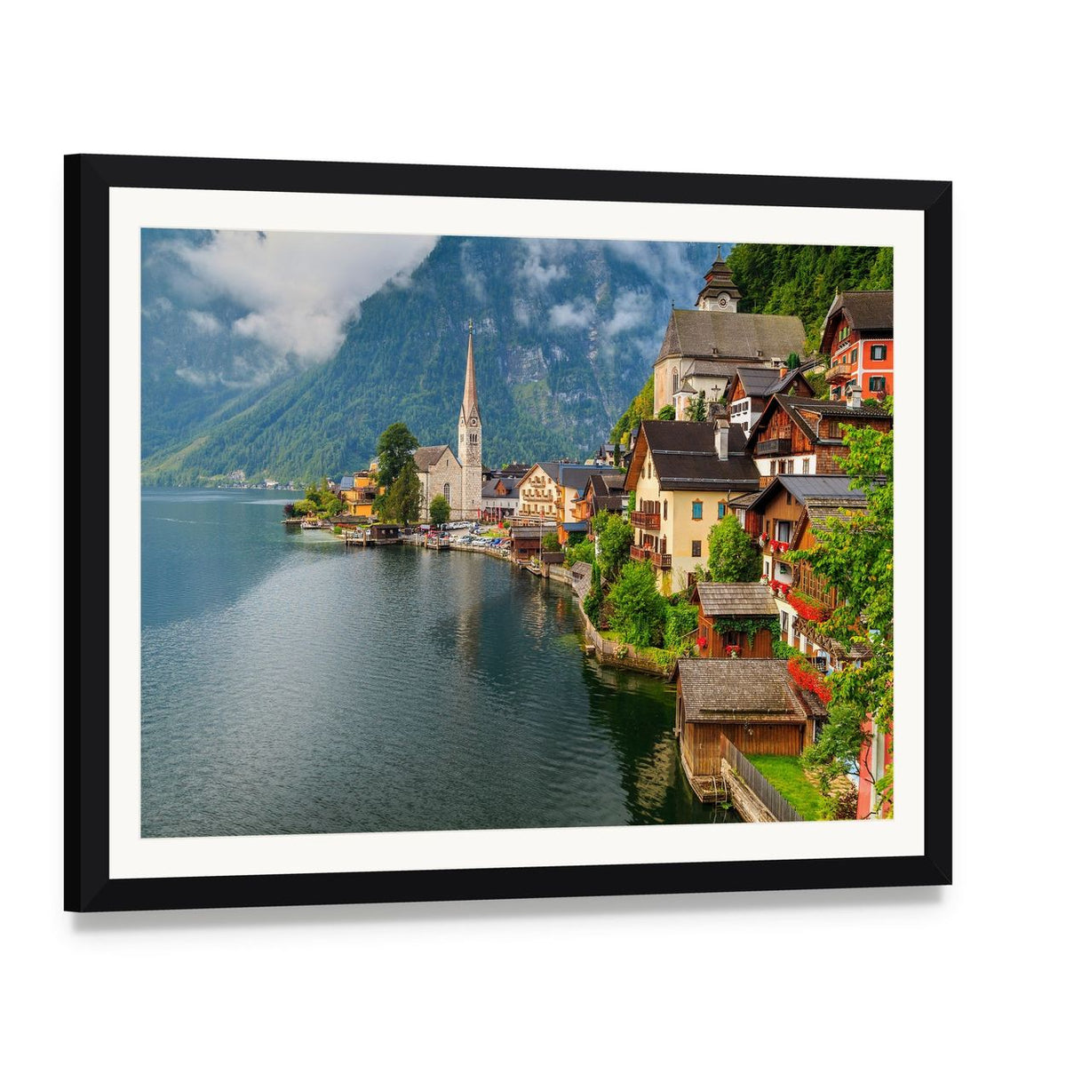 Hallstatt Village by Serene Lake Canvas Wall Art, framed print with white mat and black frame, angled product view