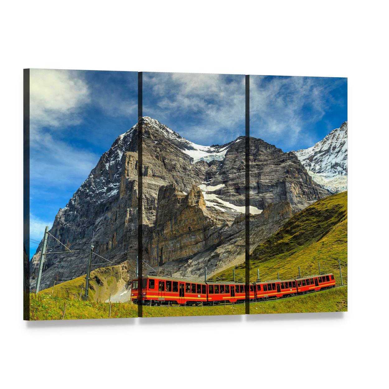 Red Electric Train Switzerland Canvas Wall Art, 3 panel 3 Horizontal layout gallery wrapped canvas set, angled product view