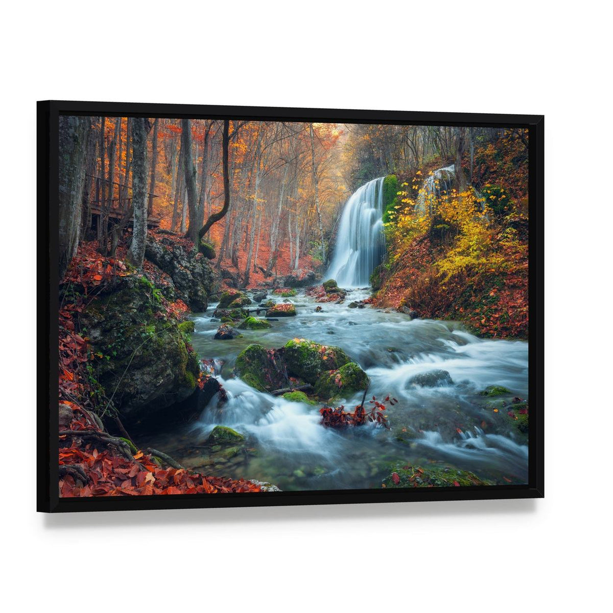 Silver Stream Waterfall in Grand Canyon of Crimea at Sunset Canvas Wall Art, framed canvas in a black floater frame, angled product view
