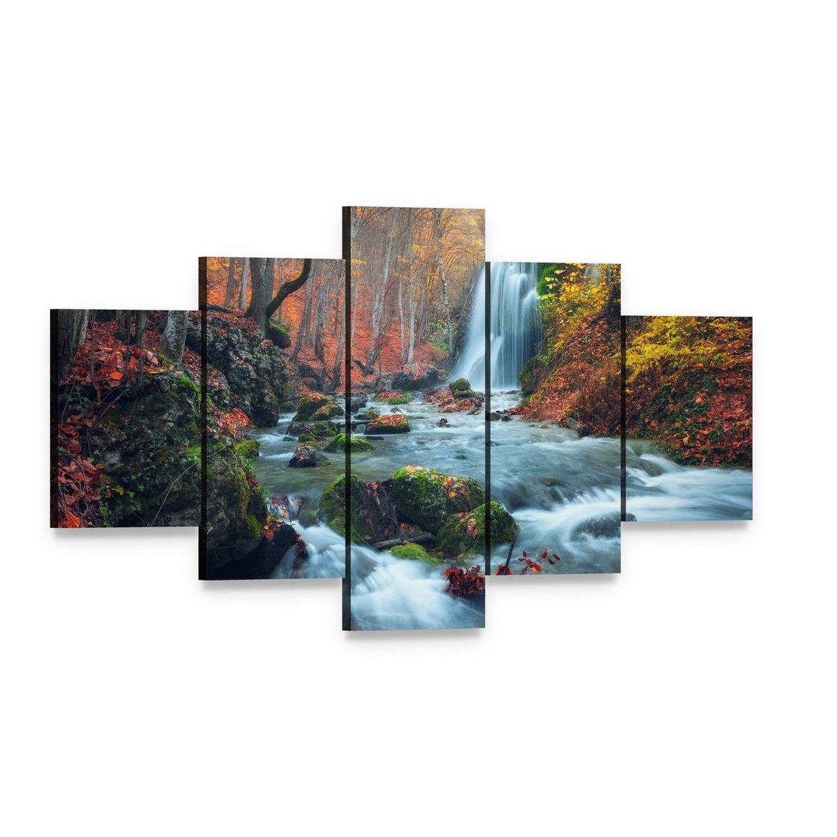 Silver Stream Waterfall in Grand Canyon of Crimea at Sunset Canvas Wall Art, 5 panel 5 Star layout gallery wrapped canvas set, angled product view