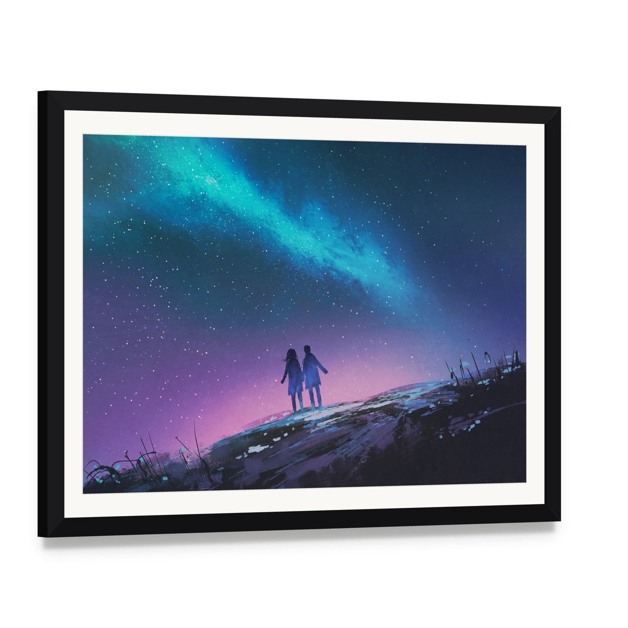 Couple Gazing at Milky Way Galaxy Canvas Wall Art, framed print with white mat and black frame, angled product view