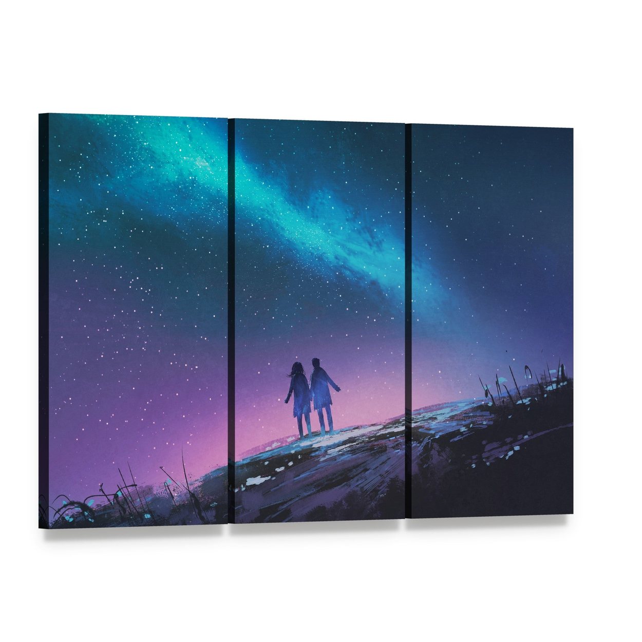 Couple Gazing at Milky Way Galaxy Canvas Wall Art, 3 panel 3 Horizontal layout gallery wrapped canvas set, angled product view