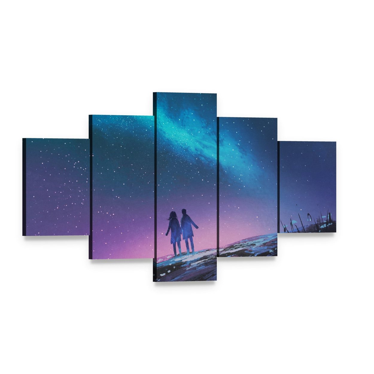 Couple Gazing at Milky Way Galaxy Canvas Wall Art, 5 panel 5 Star layout gallery wrapped canvas set, angled product view