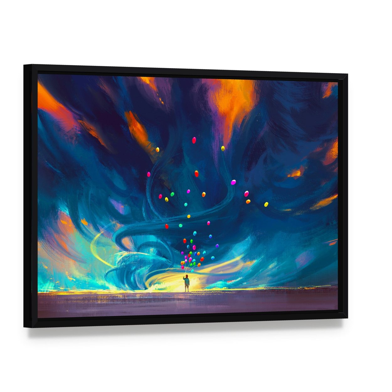 Child Holding Balloons Illustration Canvas Wall Art, framed canvas in a black floater frame, angled product view