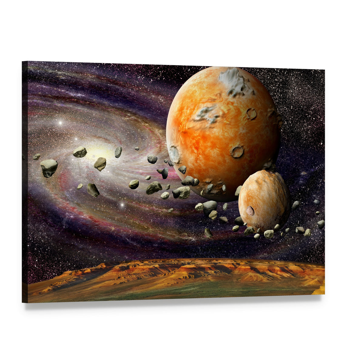 Alien Planet and Asteroid Belt Canvas Wall Art, single panel gallery wrapped canvas, angled product view