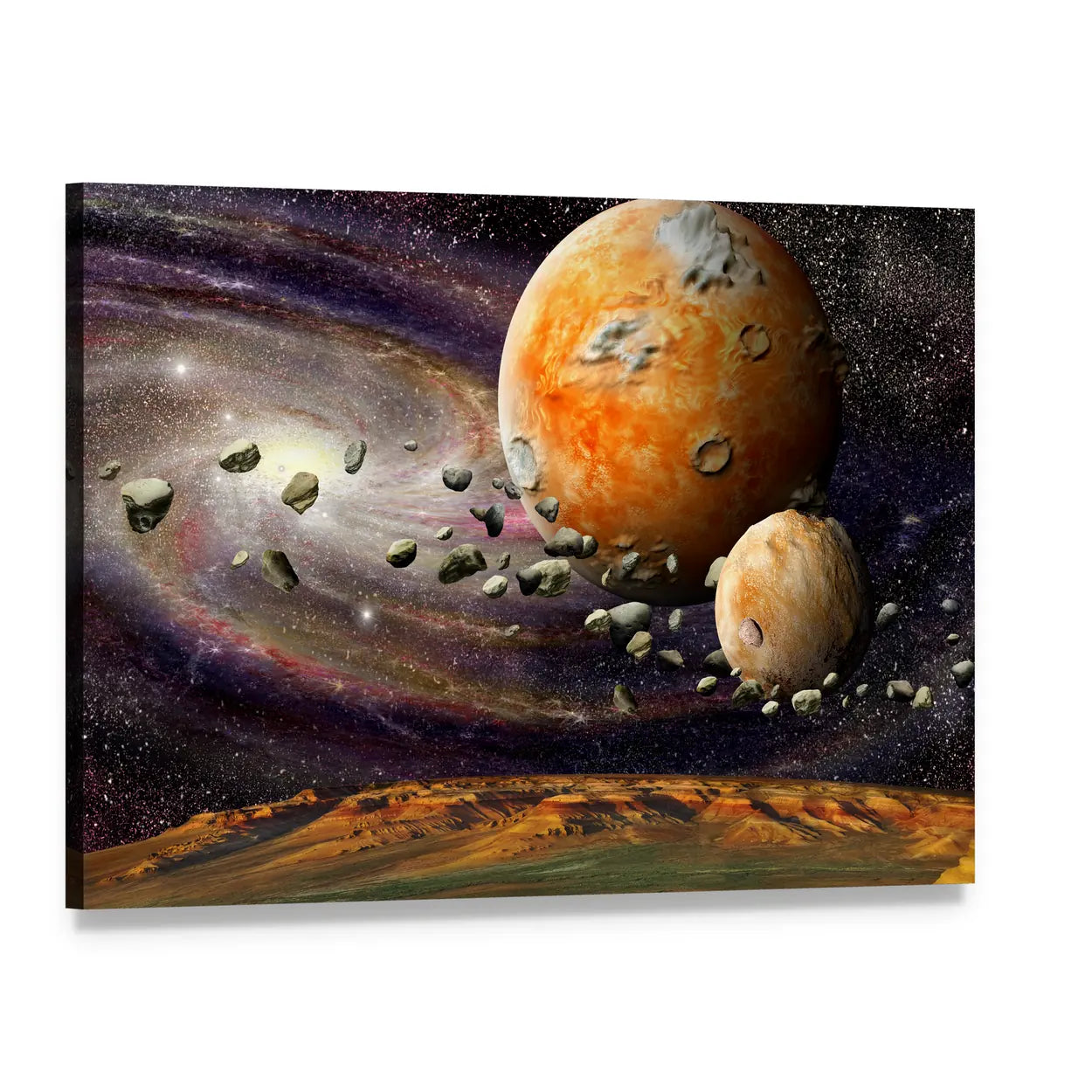 Cratered Alien Planet with Asteroid Belt Canvas Wall Art, single panel gallery wrapped canvas, angled product view