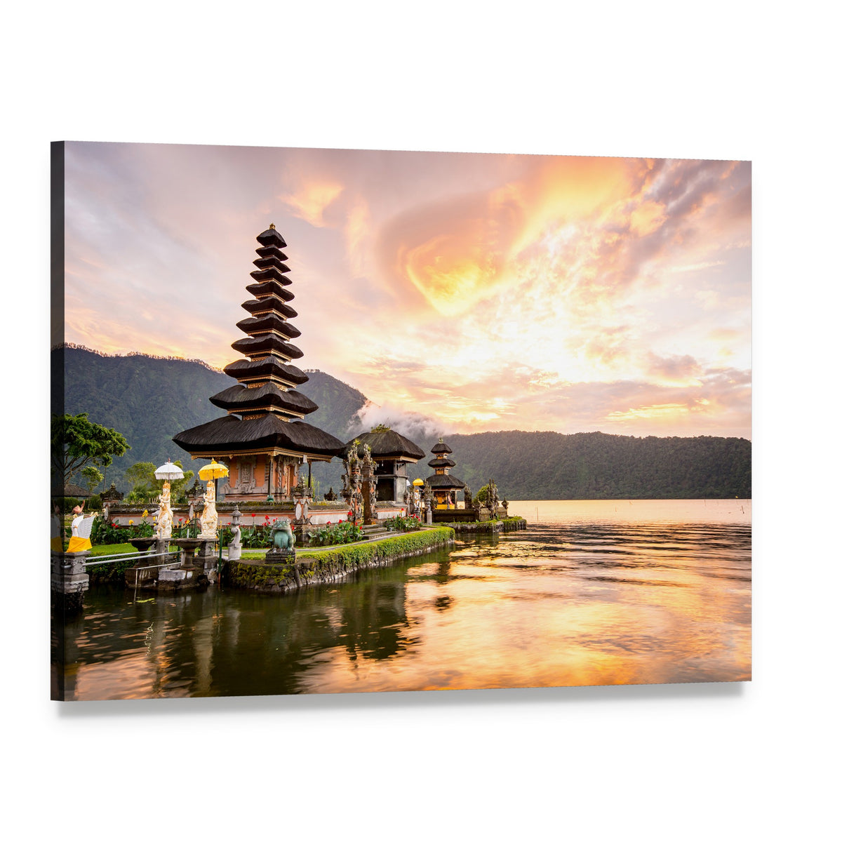 Bratan Temple by Serene Lake at Sunset Canvas Wall Art, single panel gallery wrapped canvas, angled product view