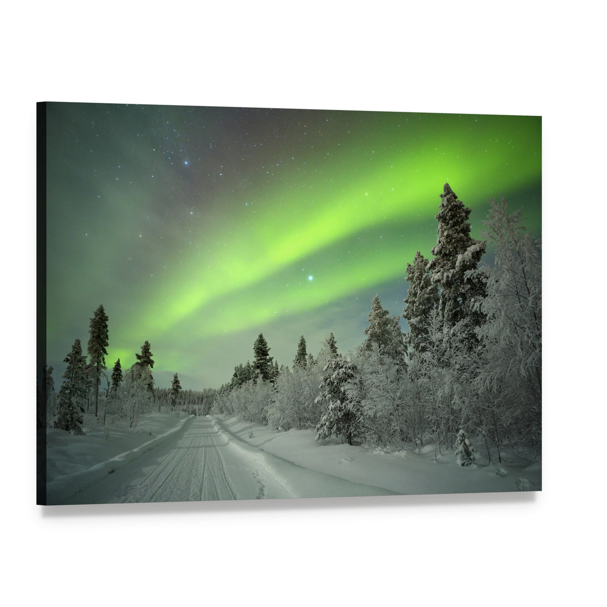 Aurora Borealis Winter Landscape Canvas Wall Art, single panel gallery wrapped canvas, angled product view