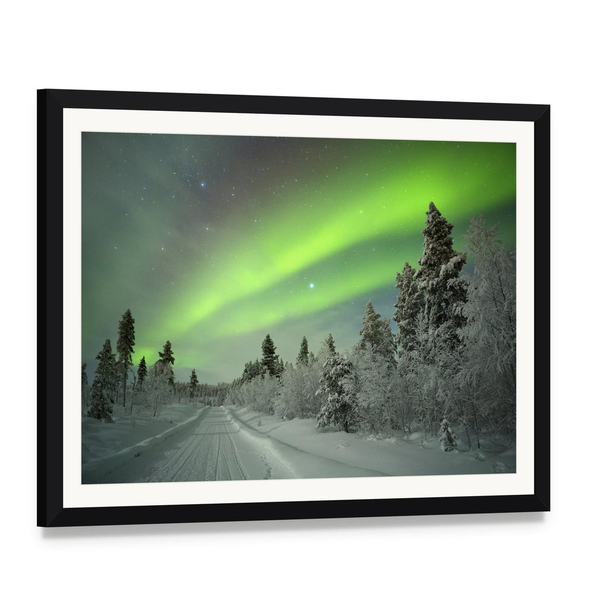 Aurora Borealis Winter Landscape Canvas Wall Art, framed print with white mat and black frame, angled product view