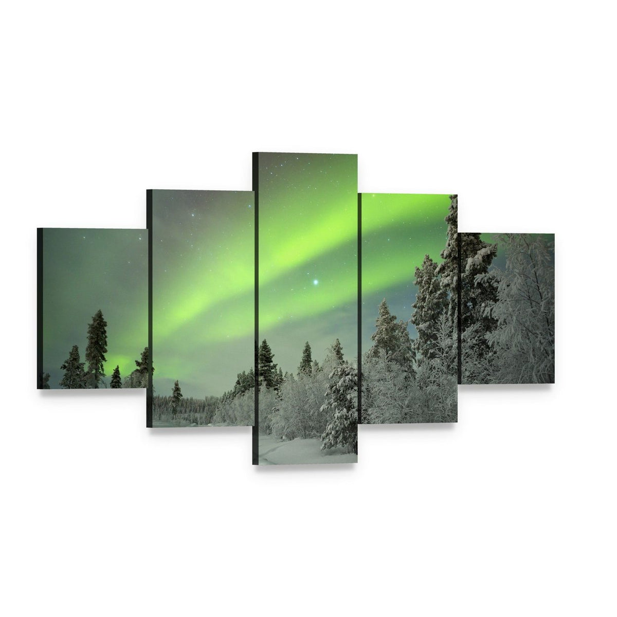 Aurora Borealis Winter Landscape Canvas Wall Art, 5 panel 5 Star layout gallery wrapped canvas set, angled product view