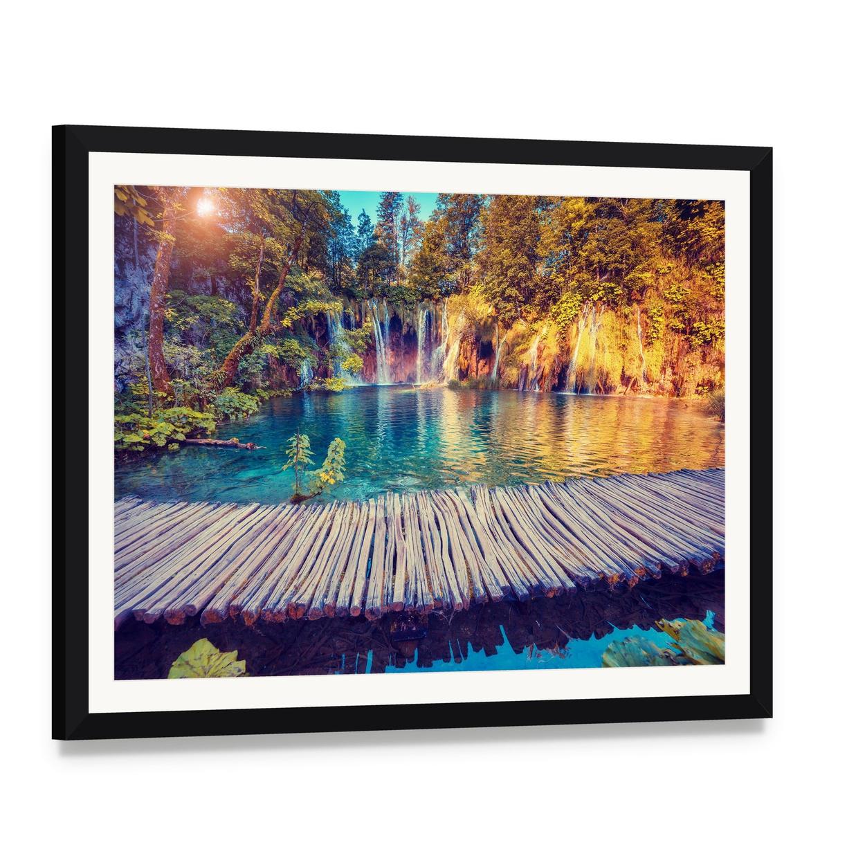 Plitvice Lakes Turquoise Water and Sunlit Boardwalk Canvas Wall Art, framed print with white mat and black frame, angled product view