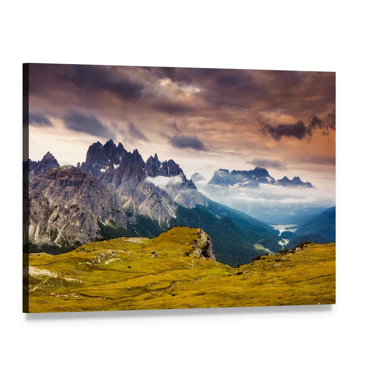 Cadini Di Misurina Sunlit Mountain Peaks Canvas Wall Art, single panel gallery wrapped canvas, angled product view