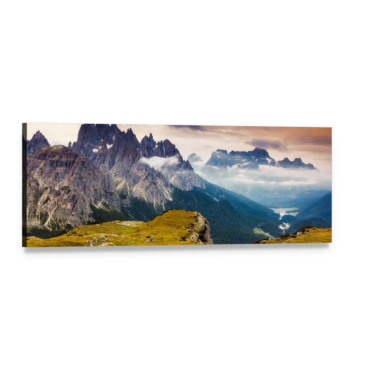 Cadini Di Misurina Mountain Range Panoramic Canvas Wall Art, single panel gallery wrapped canvas, angled product view