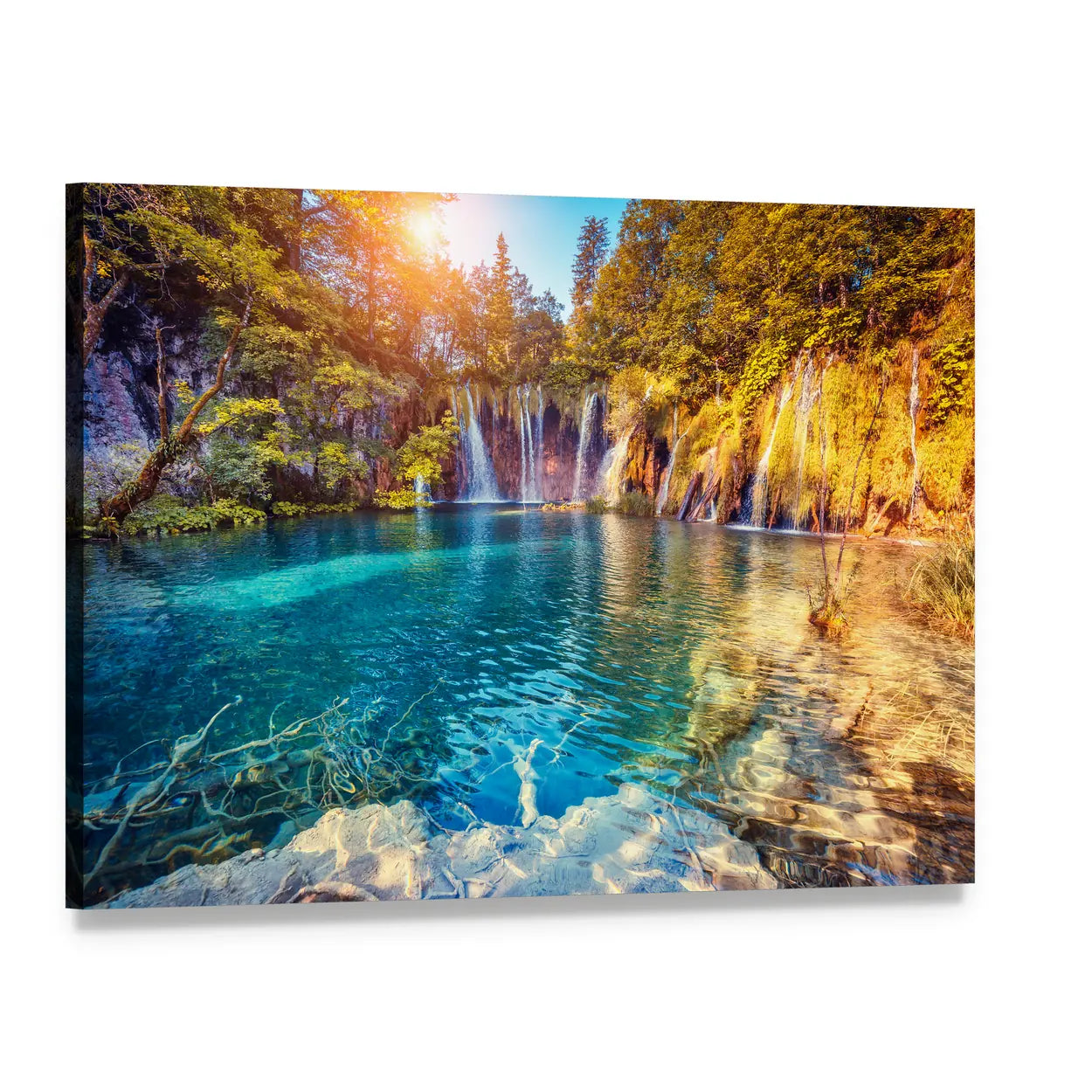 Turquoise Waterfall Over Clear Lake Canvas Wall Art, single panel gallery wrapped canvas, angled product view
