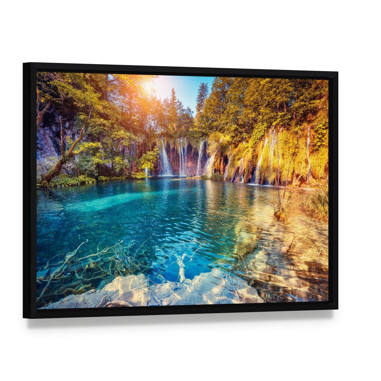 Waterfall in the Plitvice Lakes National Park Croatia Canvas Wall Art, framed canvas in a black floater frame, angled product view