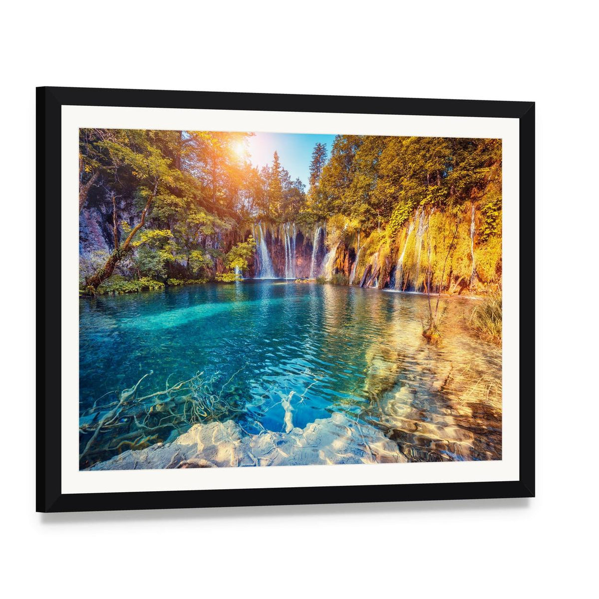 Waterfall in the Plitvice Lakes National Park Croatia Canvas Wall Art, framed print with white mat and black frame, angled product view