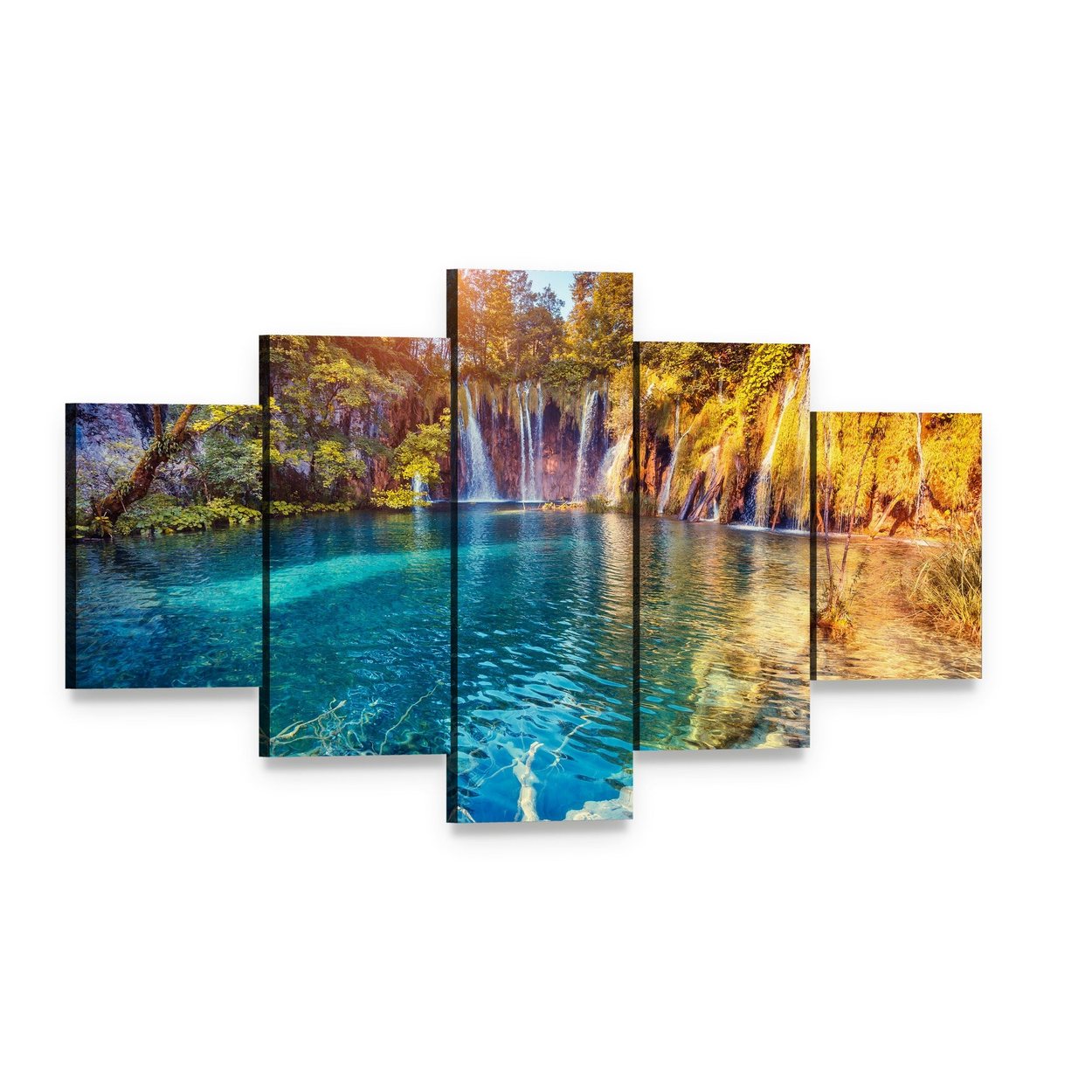 Waterfall in the Plitvice Lakes National Park Croatia Canvas Wall Art, 5 panel 5 Star layout gallery wrapped canvas set, angled product view