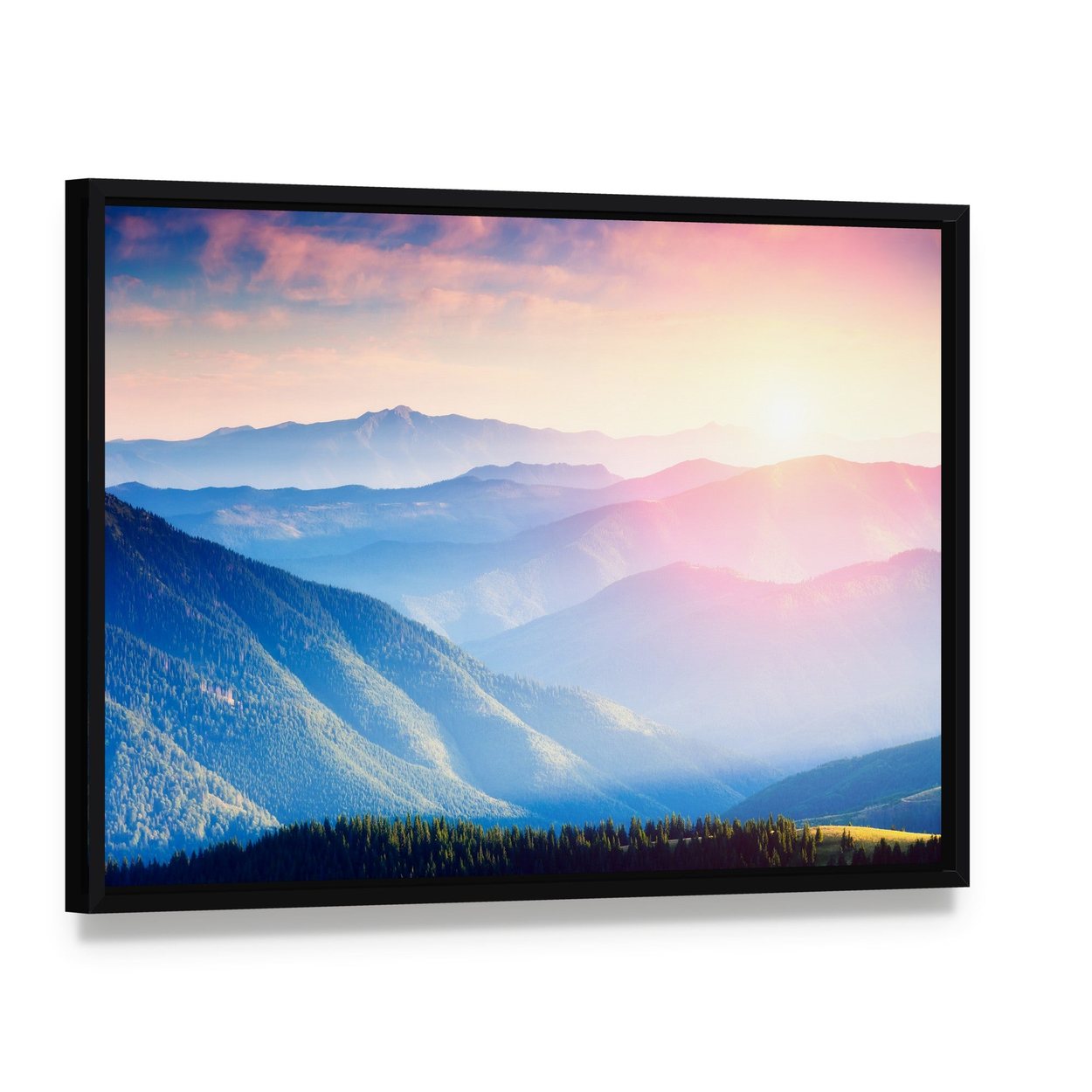 Mountains with Sunny Beams Canvas Wall Art, framed canvas in a black floater frame, angled product view